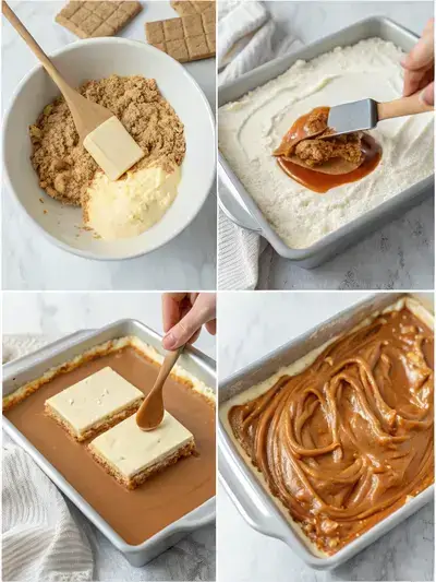 Step-by-step preparation of Peanut Butter Lasagna, showcasing crust, peanut butter layer, fudge sauce, and toppings.