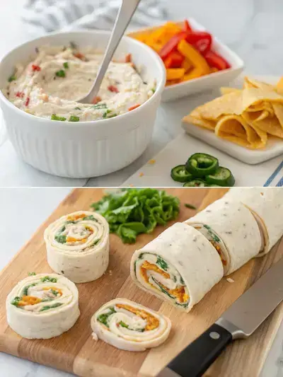 Step-by-step process of making Pinwheel Sandwiches, including mixing ingredients, spreading on tortillas, layering turkey, and slicing into pinwheels.