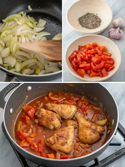 A step-by-step visual representation of making pollo guisado, showcasing heating oil, sautéing onions and garlic, browning chicken, and mixing in spices.