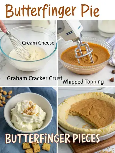 Four-step process of making BUTTERFINGER PIE, including mixing cream cheese, adding sugar and vanilla, folding in toppings, and spooning into crust.