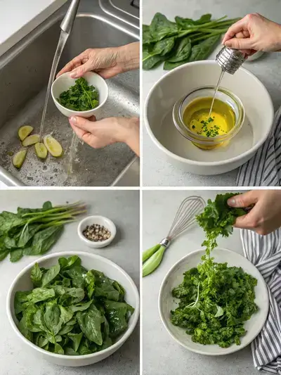 A step-by-step visual guide to preparing minted greens, featuring fresh ingredients and preparation methods.
