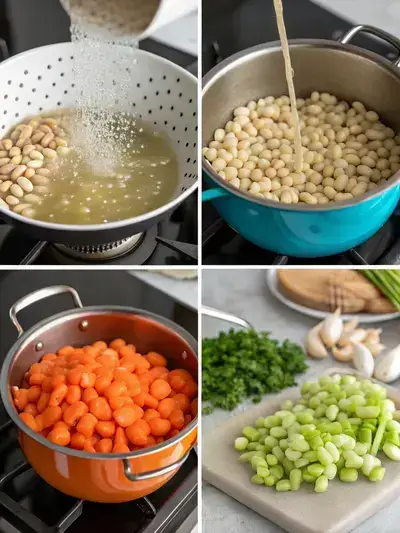 Four-step process of preparing navy beans, showcasing rinsing beans, heating oil, sautéing vegetables, and combining ingredients in a pot.