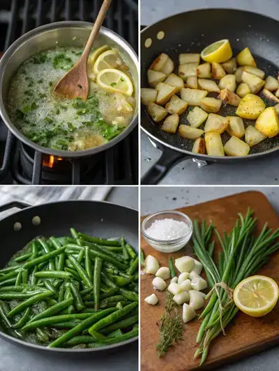 A step-by-step visual representation of preparing String Beans and Potatoes, showcasing boiling vegetables, sautéing aromatics, combining ingredients, and serving the final dish.