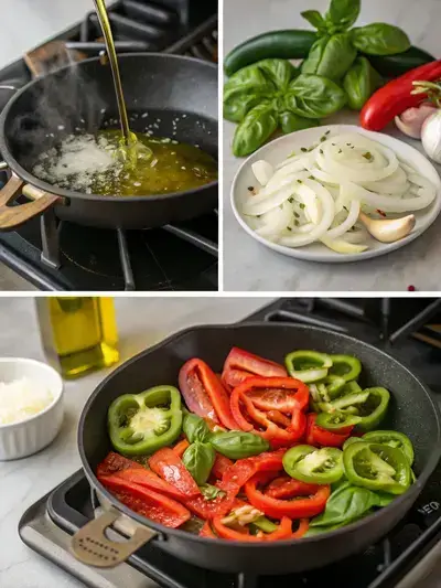 A step-by-step visual guide to preparing sweet peppers, showcasing the cooking process in a divided layout.