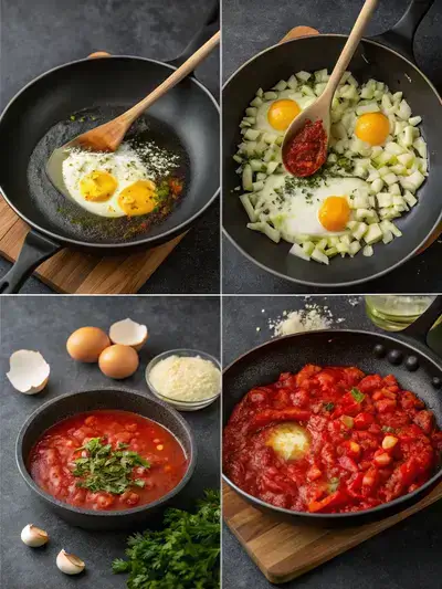 A step-by-step visual guide to making Shakshouka, showcasing the cooking process in a skillet.