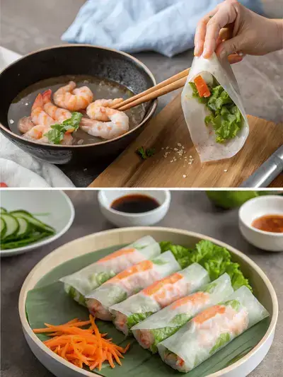 Step-by-step process of making shrimp spring rolls, including filling a dish with water, dipping a rice paper wrapper, adding shrimp and vegetables, and rolling the spring rolls.