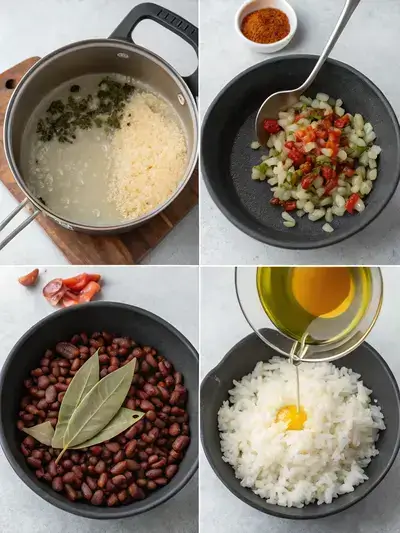 A visual guide to preparing a simple rice and beans recipe, divided into steps showing the cooking process.