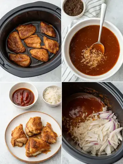 Step-by-step process of preparing Slow Cooker BBQ Chicken, including chicken in a slow cooker, mixing sauce ingredients, pouring sauce over chicken, and serving the final dish.
