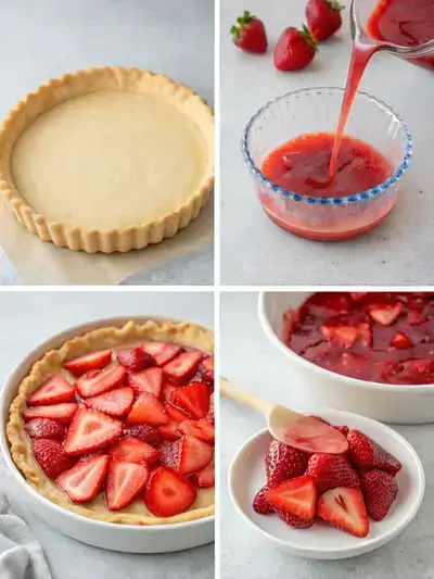 Step-by-step process of making Strawberry Jello Pie, including pie crust, gelatin preparation, strawberry arrangement, and pouring gelatin.