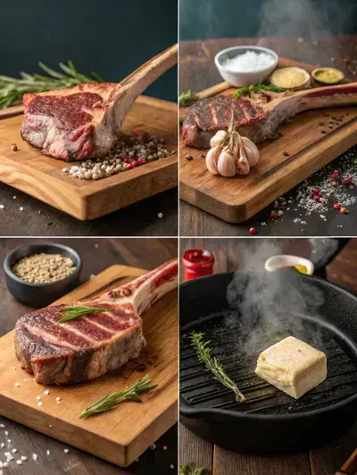 A step-by-step visual guide to preparing a tomahawk steak, showcasing resting, searing, basting, and serving stages.