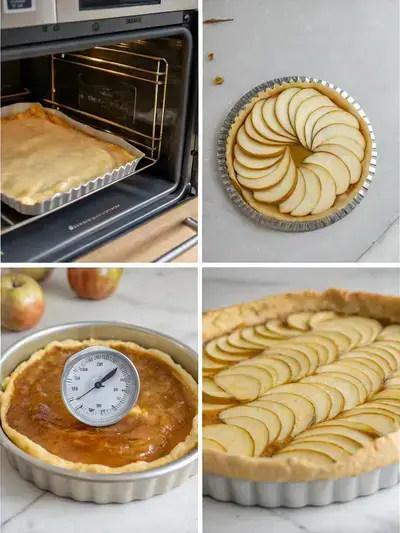 Illustrated guide to creating a French Apple Tart, featuring oven preheating, pastry preparation, apple arrangement, and tart glazing.