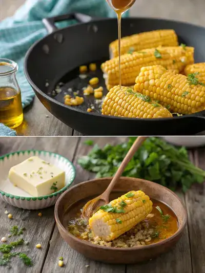 A visual progression for creating Honey Butter Skillet Corn, depicting melting butter, sautéed corn, a honey drizzle, and the beautifully presented final dish.