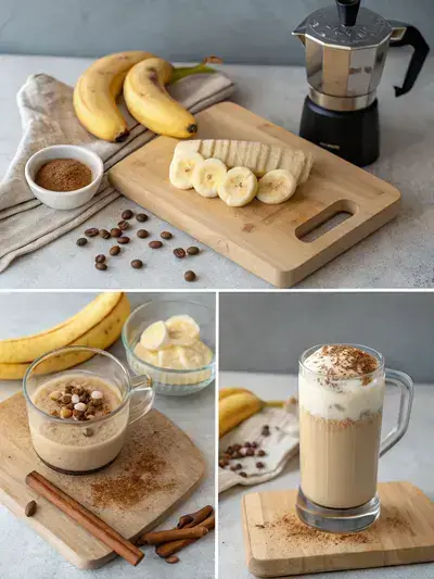 Four-part image showing the process of making Banana Coffee: sliced banana, blended ingredients, brewed coffee, and the final frothy mixture.