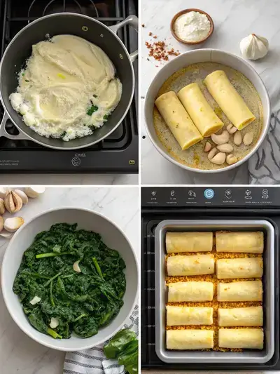 A visual representation of the steps to prepare cannelloni pasta, including preheating the oven, sautéing garlic, cooking spinach, and preparing a ricotta mixture.