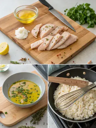A divided image showing the steps to prepare chicken over rice, including cutting chicken, making marinade, cooking chicken, and serving with rice and vegetables.