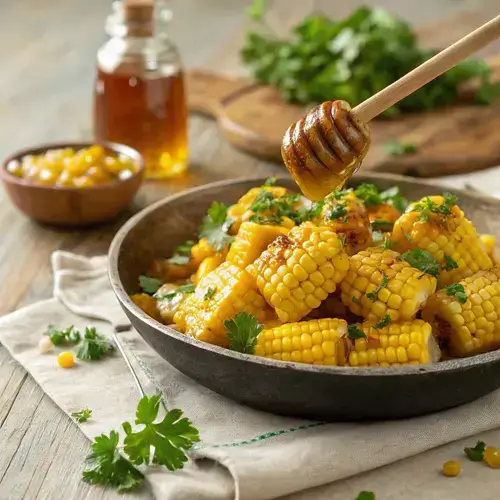 Close-up of Honey Butter Skillet Corn with a honey glaze and parsley garnish.