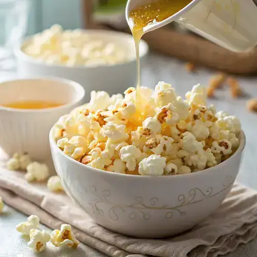 A bowl of golden and white popcorn with melted butter, set against a softly blurred background.