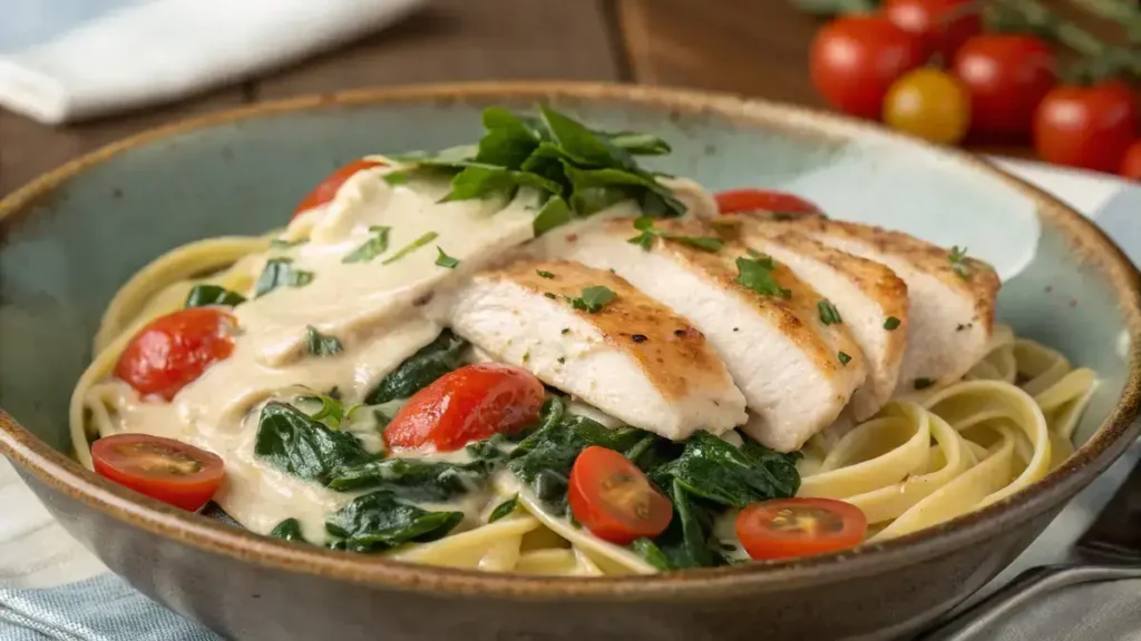 Delicious Tuscan Chicken Pasta with creamy sauce and fresh ingredients.