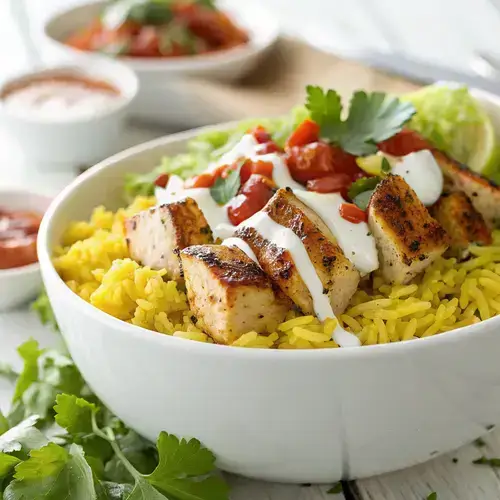 A white bowl of yellow rice topped with grilled chicken, creamy sauce, and fresh greens.
