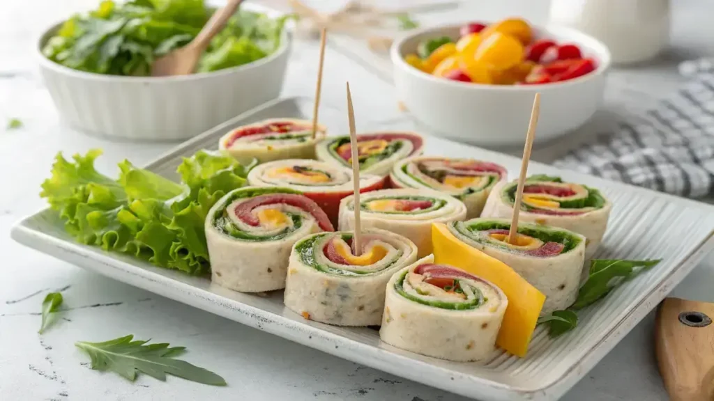 A colorful platter of pinwheel sandwiches with various fillings, including greens, ham, cheese, and bell peppers, arranged elegantly with wooden picks.