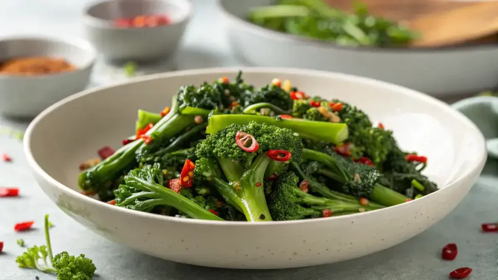 Close-up of sautéed broccolini and vibrant minted greens in a white bowl, topped with red chili flakes.