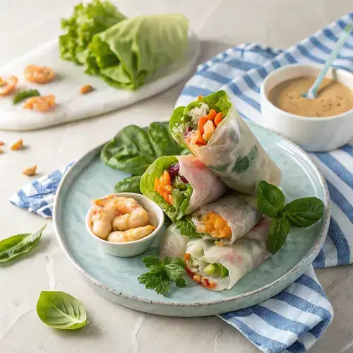 Close-up of shrimp spring rolls on a neutral background with a side of peanut sauce and fresh vegetables.