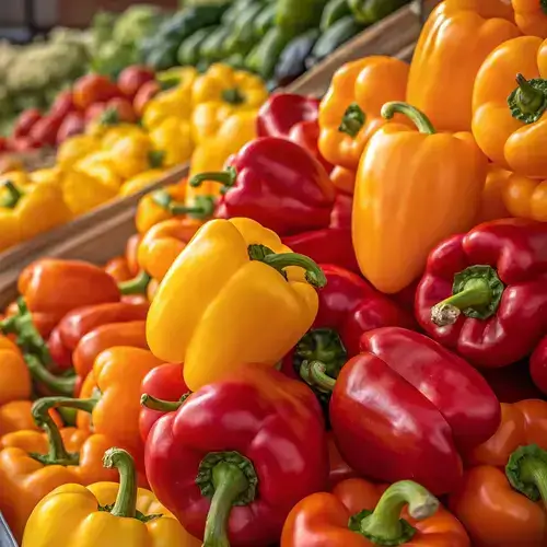 A dynamic pile of glossy sweet peppers in various colors, with a soft-focus background enhancing their brightness.