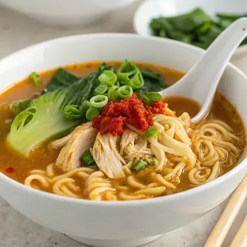 A beautifully garnished bowl of ramen soup showcasing noodles, chicken, and fresh vegetables.
