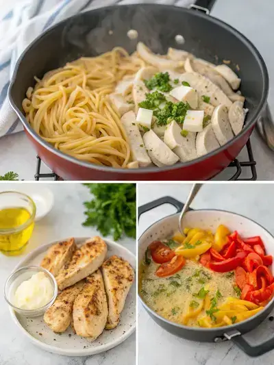 Step-by-step preparation of cajun pasta, including cooking pasta, sautéing chicken and vegetables, and serving the final dish.