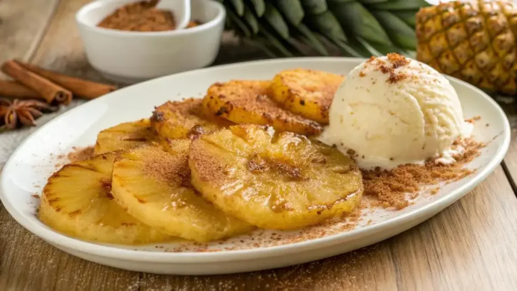 Delicious air fryer pineapple slices garnished with cinnamon and honey.