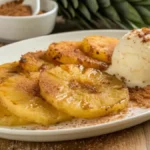 Delicious air fryer pineapple slices garnished with cinnamon and honey.