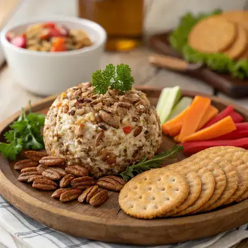 Rustic presentation of Classic Cheese Ball with assorted snacks on a wooden board.