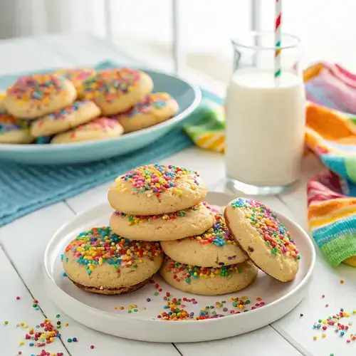 Freshly baked rainbow sprinkle cookies on a white plate with a glass of milk in a bright kitchen.