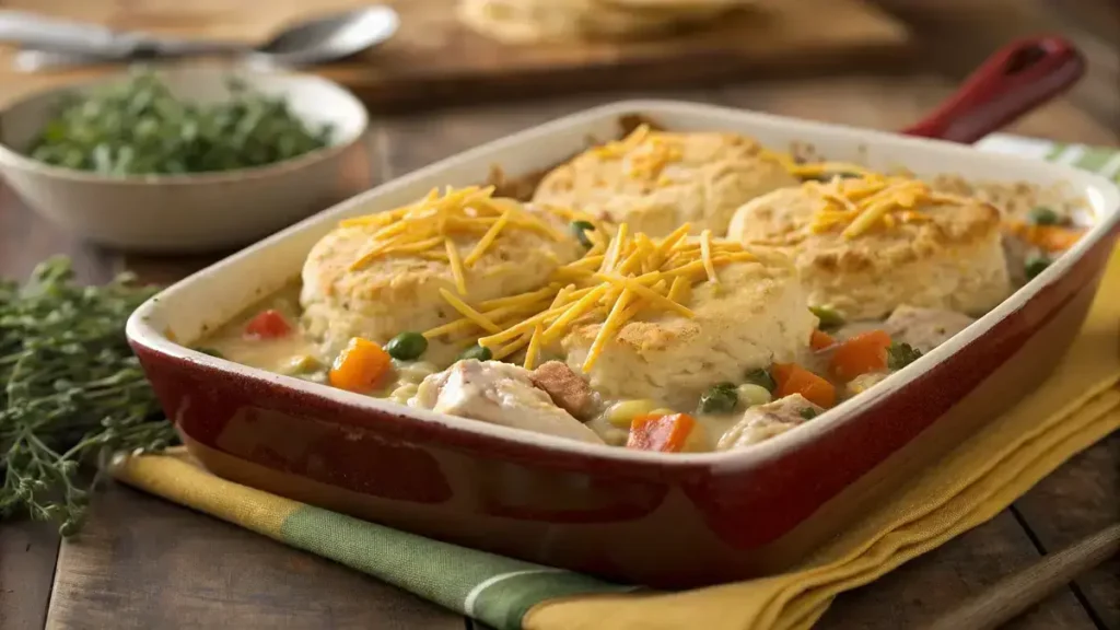 A hearty chicken cobbler with a golden biscuit topping and creamy filling, displayed in a rustic dish.