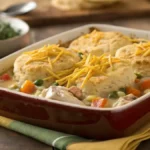 A hearty chicken cobbler with a golden biscuit topping and creamy filling, displayed in a rustic dish.