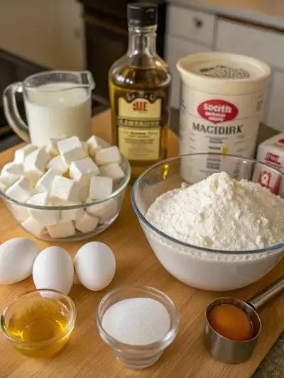 Components for Deep Fried Marshmallow laid out on a kitchen table.