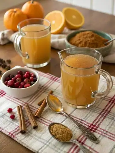 Crock Pot Apple Cider with fresh fruits and spices on a kitchen table.