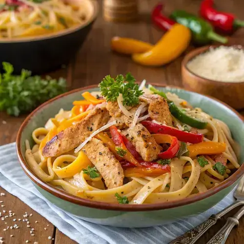 Cajun pasta garnished with parsley, showcasing a creamy sauce and colorful ingredients.
