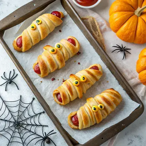 Baked mummy hot dogs with playful expressions on a festive Halloween table.
