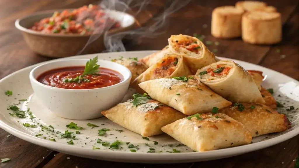A plate of crispy air fryer pizza rolls with marinara sauce in a cozy kitchen setting.