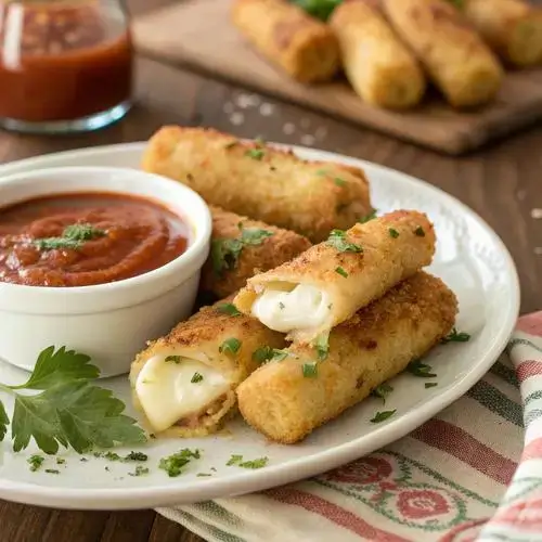 Golden-brown mozzarella sticks on a wooden table