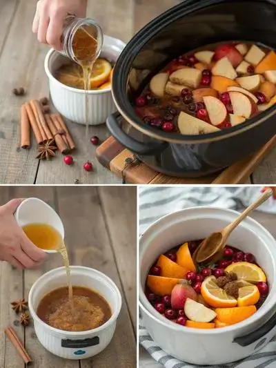 Step-by-step process of making Crock Pot Apple Cider with fresh fruits and spices.