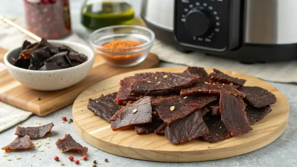 Plate of homemade Air Fryer Beef Jerky with ingredients in the background.