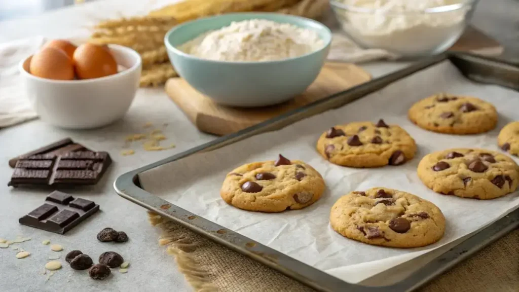 Freshly baked COOKIE DOUGH cookies with chocolate chips on a wooden table surrounded by baking ingredients.