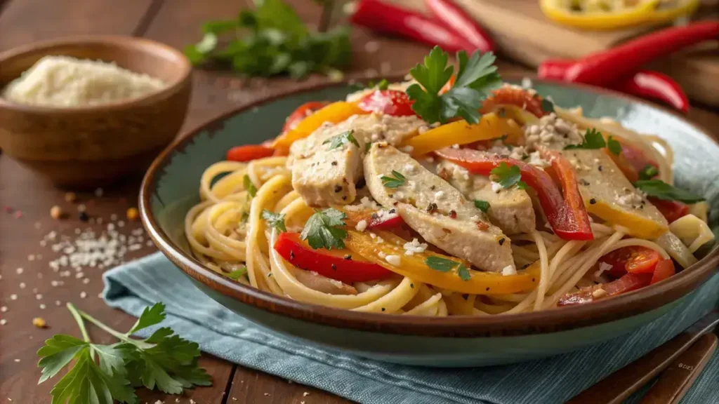 A delicious serving of cajun pasta with chicken and colorful vegetables in a creamy sauce.