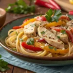 A delicious serving of cajun pasta with chicken and colorful vegetables in a creamy sauce.
