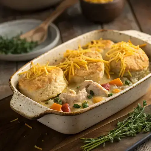 Golden biscuit-topped chicken cobbler with vegetables, served in a baking dish.
