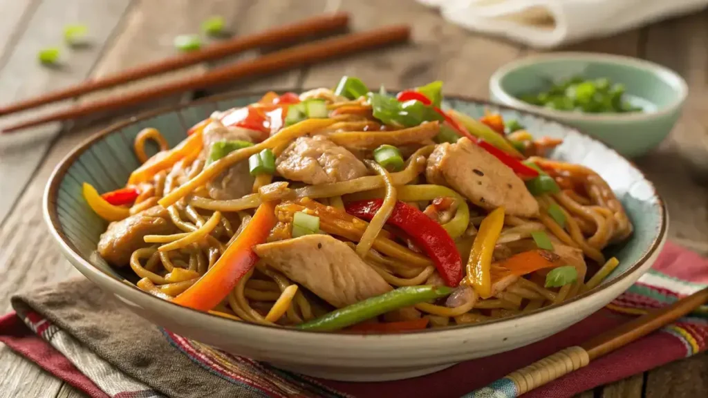 A delicious serving of chicken lo mein with colorful vegetables and noodles in a bowl.