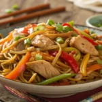 A delicious serving of chicken lo mein with colorful vegetables and noodles in a bowl.