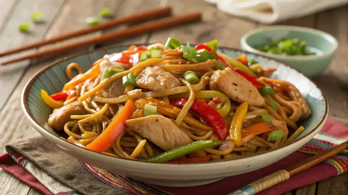 A delicious serving of chicken lo mein with colorful vegetables and noodles in a bowl.